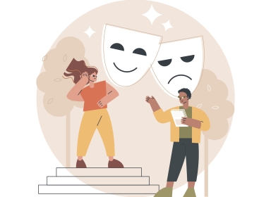 Teatermasker og to mennesker Teatermasker og to mennesker