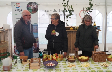 Tre mennesker tilbyder æbler ved en stand